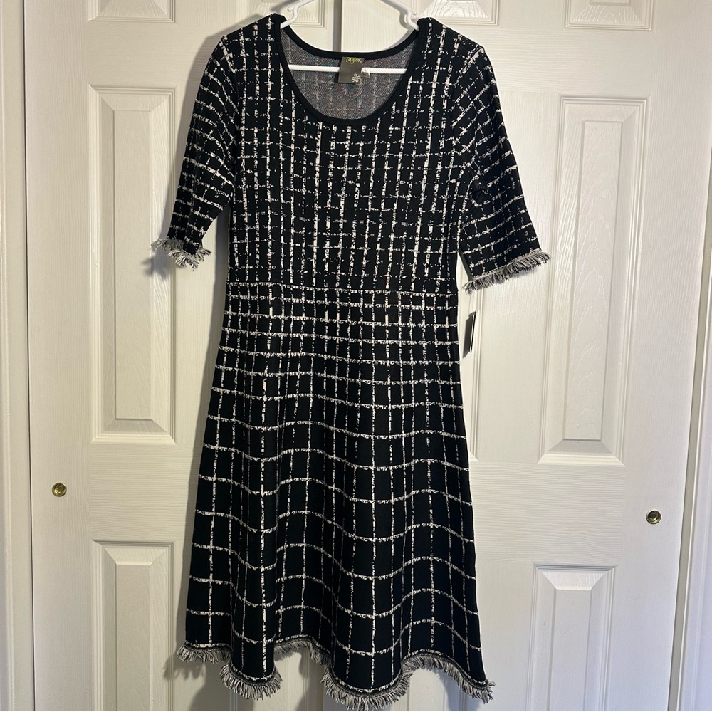 NEW Taylor‎ Womens Fringe Elbow Sleeve Midi Dress Black White Large
